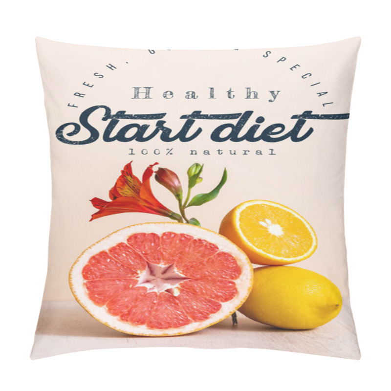 Personality  Floral And Fruit Composition With Red Alstroemeria And Citrus Fruits Near Start Diet Lettering On Beige Pillow Covers