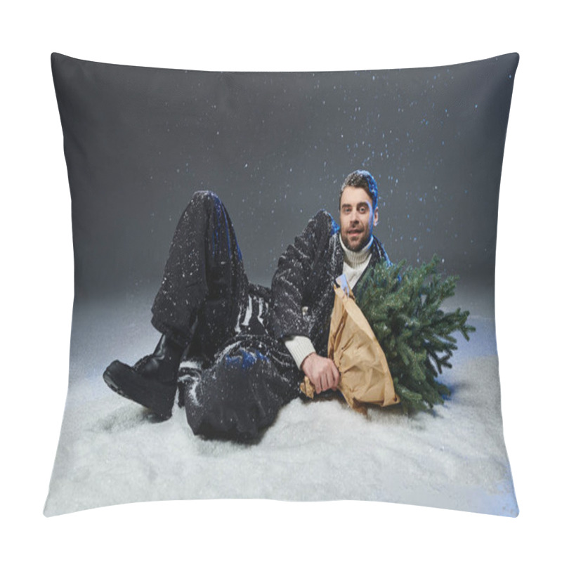 Personality  A Young Man Lounges In The Snow, Holding A Freshly Cut Christmas Tree, Enjoying A Winter Moment. Pillow Covers