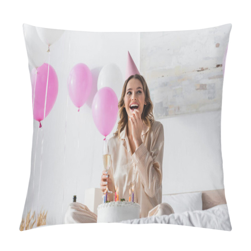 Personality  Cheerful Woman Holding Glass Of Champagne Near Birthday Cake With Candles On Bed  Pillow Covers