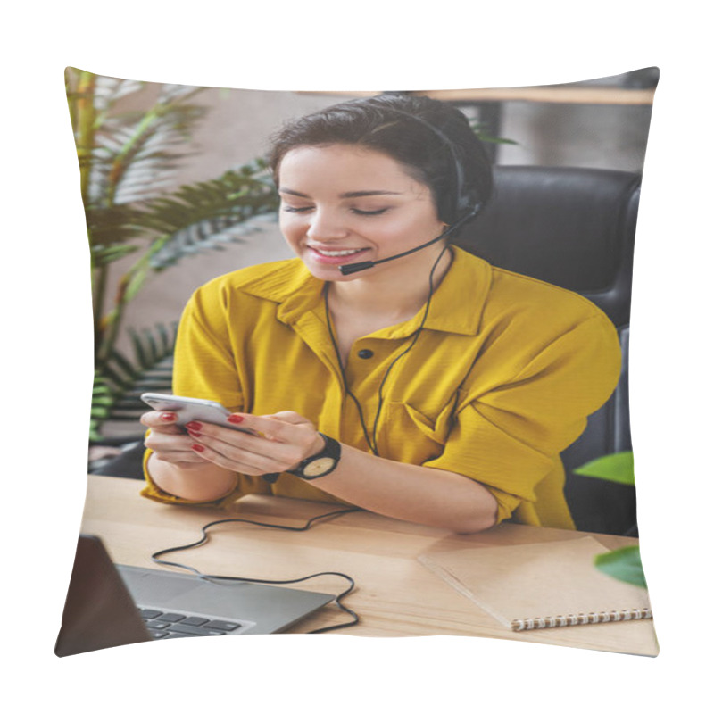 Personality  Vertical Shot Of Female Teleoperator Working In Home Office With Laptop And Headset On While Checking Her Smartphone Pillow Covers