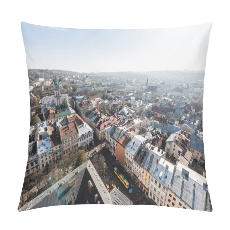 Personality  Aerial View Of Lviv City Historical Center With Old Houses And Vehicles On Street Pillow Covers