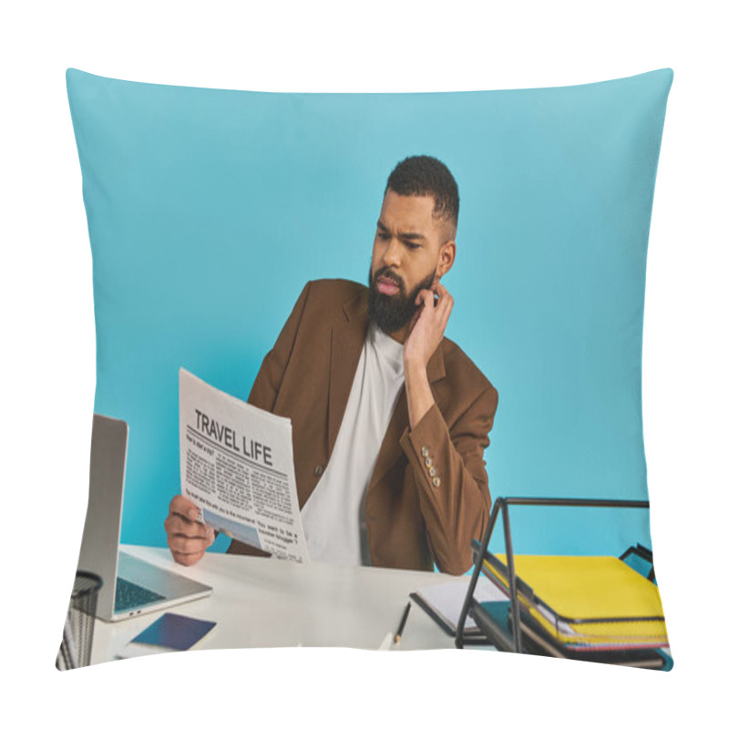 Personality  A Man In Business Attire Sits At A Wooden Desk, Engrossed In Reading A Newspaper, His Focused Expression Showing Deep Concentration. Pillow Covers