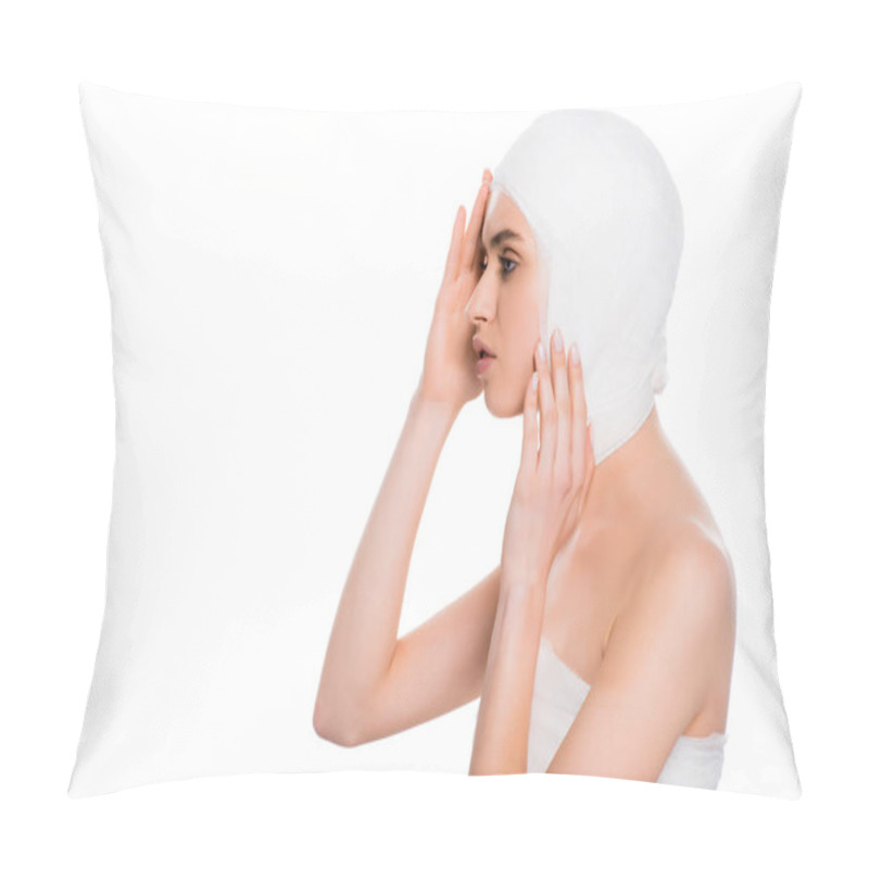 Personality  Girl With Bandaged Head Touching Face After Plastic Surgery Isolated On White  Pillow Covers