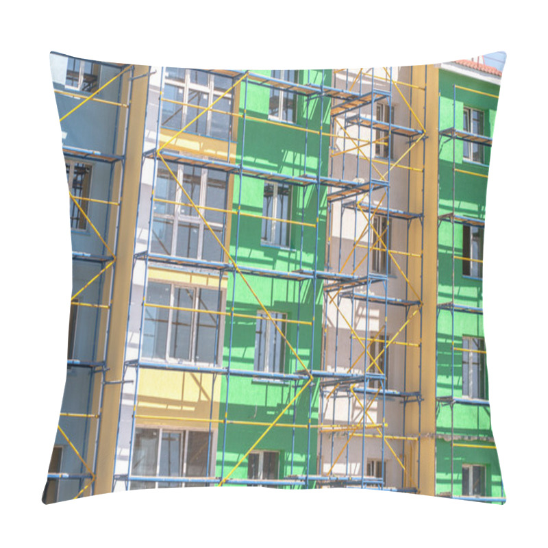 Personality  Scaffolding For Finishing Work The Walls Of A Multistory Building Pillow Covers