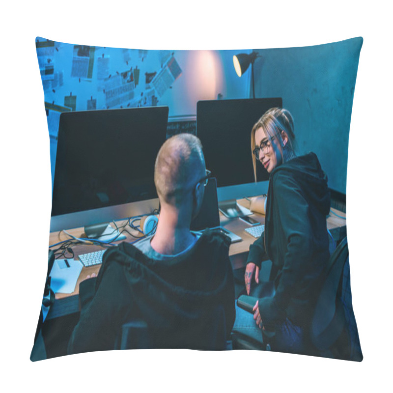 Personality  Young Couple Of Hackers Working On Malware Together In Dark Room Pillow Covers