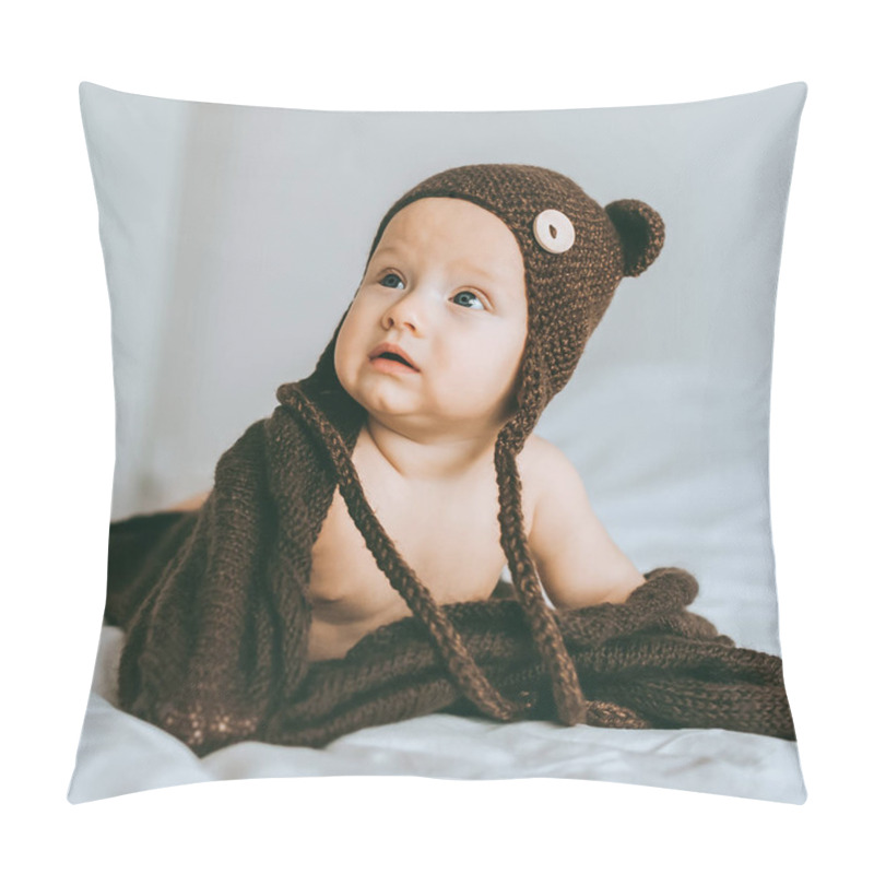 Personality  Infant Child In Brown Knitted Hat With Blanket In Bed Pillow Covers