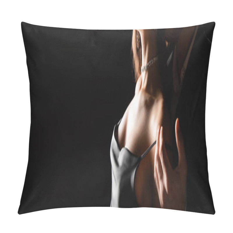 Personality  Cropped View Of Sensual Woman In Silk Dress With Male Hand On Shoulder Isolated On Black, Banner Pillow Covers