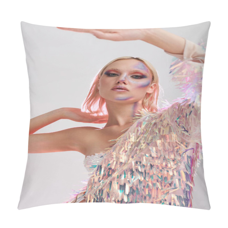 Personality  A Young Woman Flaunts Vibrant Holographic Attire With An Expressive Pose. Pillow Covers