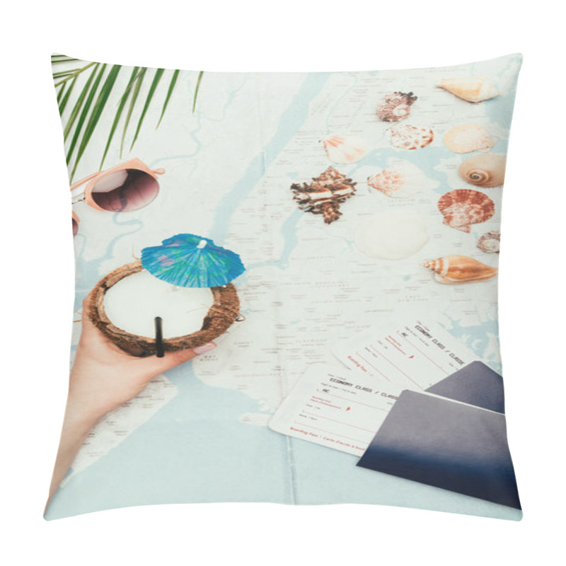 Personality  Cropped Shot Of Woman With Coconut Cocktail And Flight Tickets On Travel Map Pillow Covers