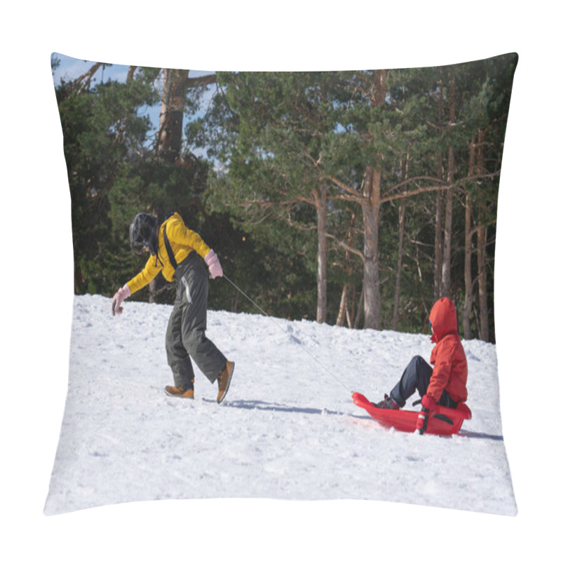 Personality  Two Children Playing In The Snow With A Sled, One Pulling The Other Pillow Covers