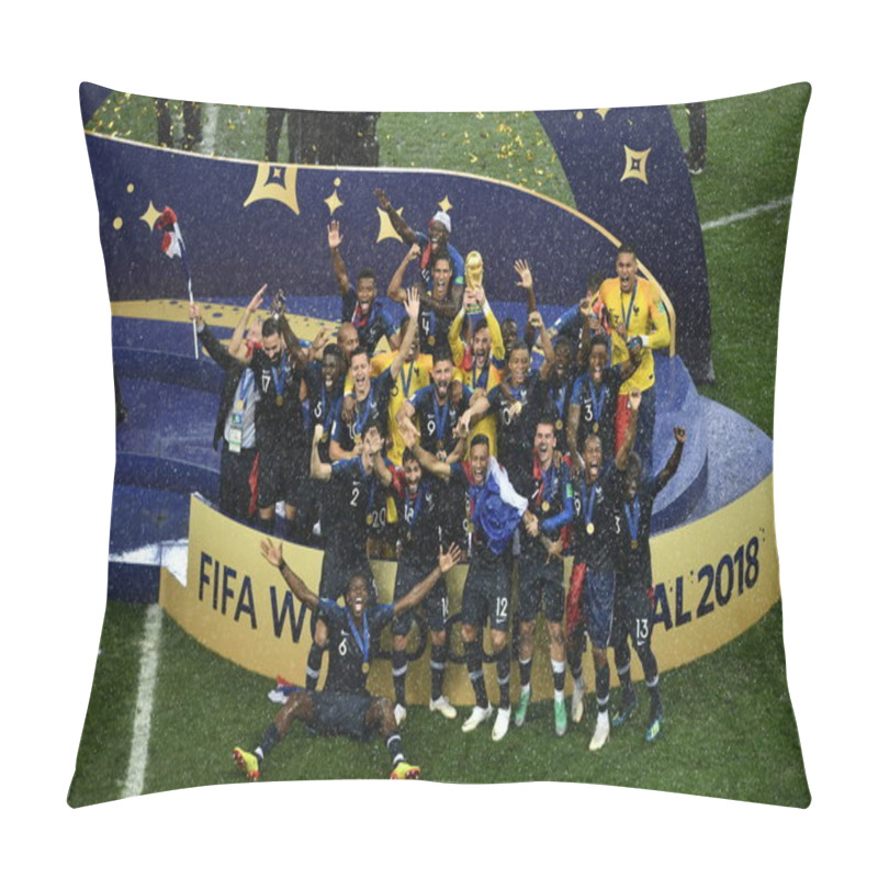 Personality  Head Coach Didier Deschamps And His Players Of France Celebrate After France Defeated Croatia In Their Final Match During The 2018 FIFA World Cup In Moscow, Russia, 15 July 2018. Pillow Covers