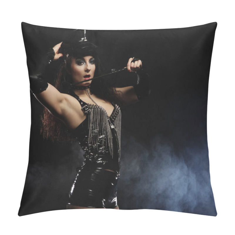 Personality  Young Woman In Leather Shorts, A Blacklingerie And Uniform Black Cap On A Dark Background. Hot Mistress. Studio Shoot. Pillow Covers