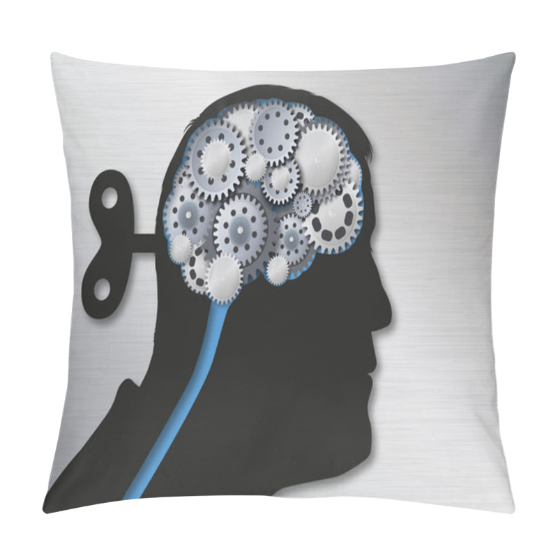 Personality  Concept Of Intellectual Manipulation With A Mans Head Seen In Profile With A Key On The Back Of The Skull Symbolizing The Grip On The Mechanical Brain, Made Of Gears. Pillow Covers