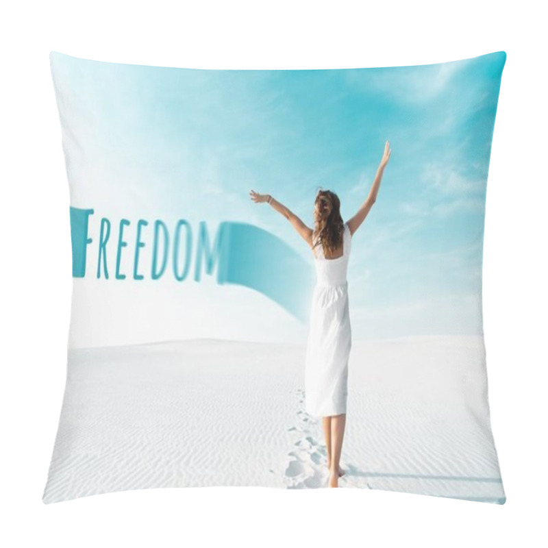 Personality  Back View Of Beautiful Girl In White Dress With Hands In Air On Sandy Beach With Blue Sky, Freedom Illustration Pillow Covers