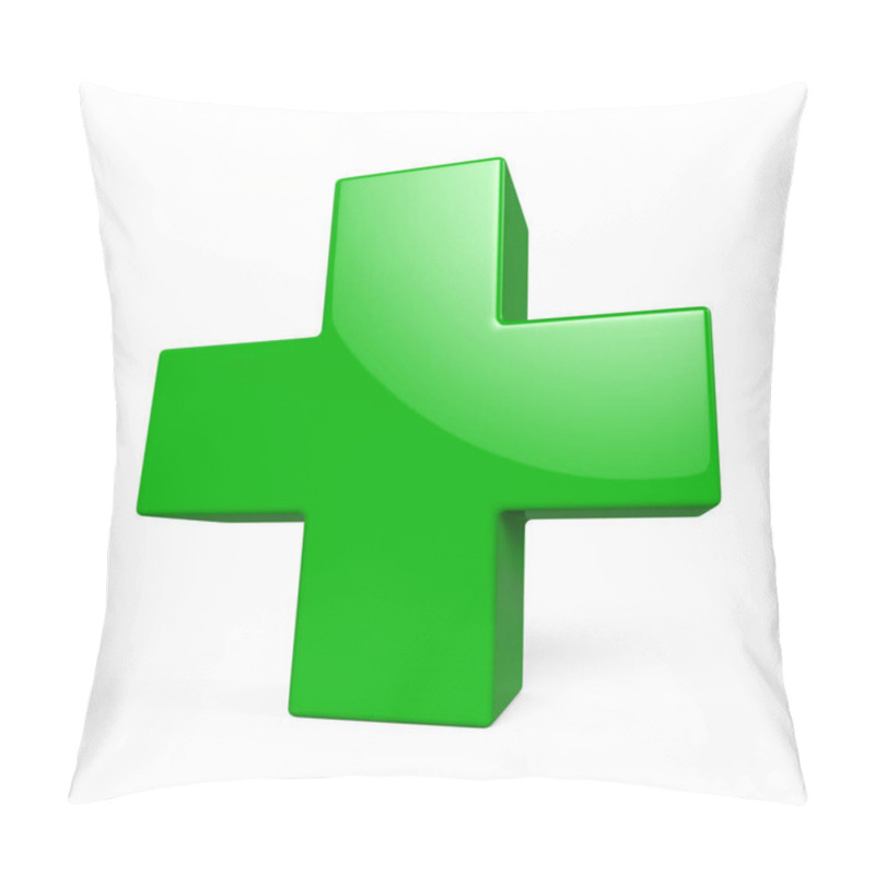 Personality  Glossy Green Plus Sign 3D Render Isolated On White Background. Pillow Covers