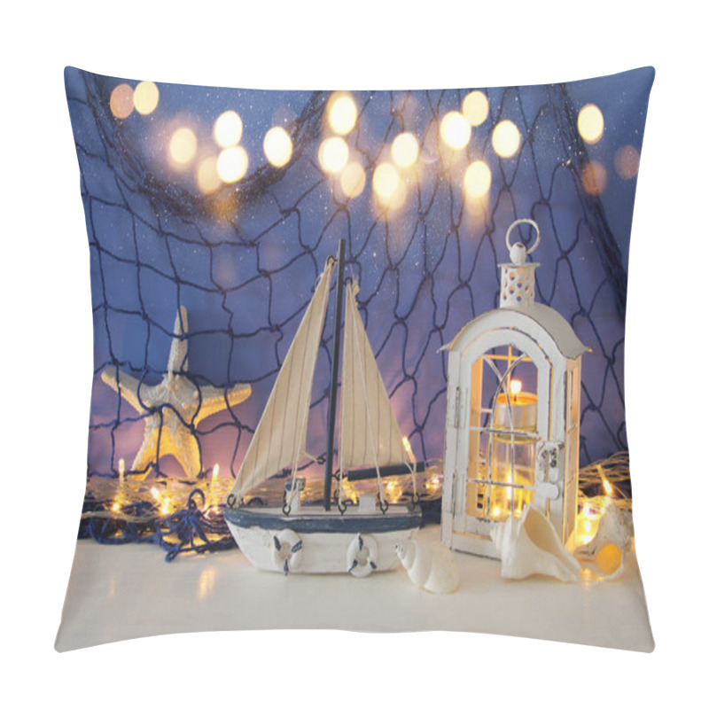 Personality  Magical Lantern With Candle Light And Wooden Boat On The Shelf. Nautical Concept Pillow Covers