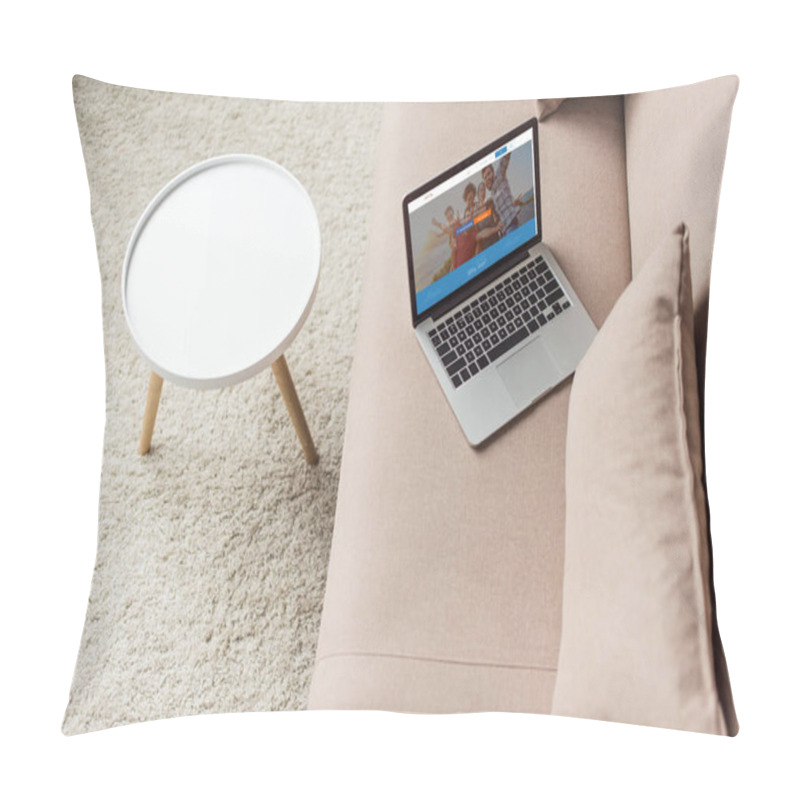 Personality  High Angle View Of Laptop Standing On Cozy Couch With Couchsurfing Website On Screen Pillow Covers