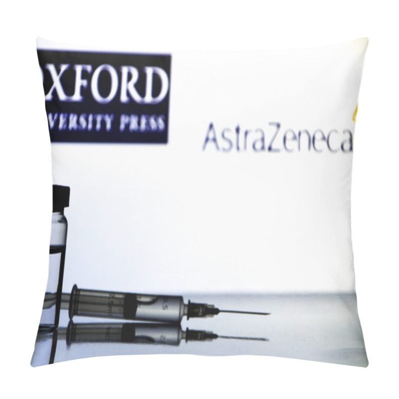 Personality  Madrid, Spain- February 23, 2021: Syringe And Vial With Covid-19 Vaccine . Astrazeneca And Oxford University Logo On White Background. Pillow Covers