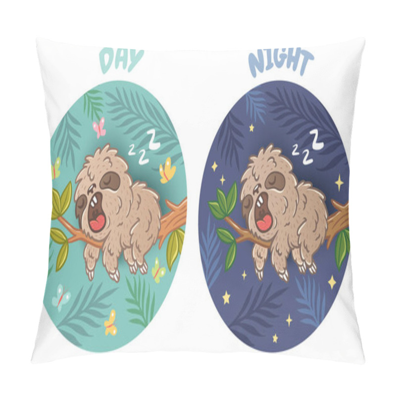 Personality  Vector Set Illustration Of A Sleep Sloth On Branch With Green Leaves. Sloth Sleeps Day And Night. Pillow Covers