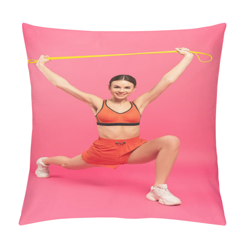 Personality  Happy Girl In Sportswear Holding Resistance Band Above Head On Pink  Pillow Covers