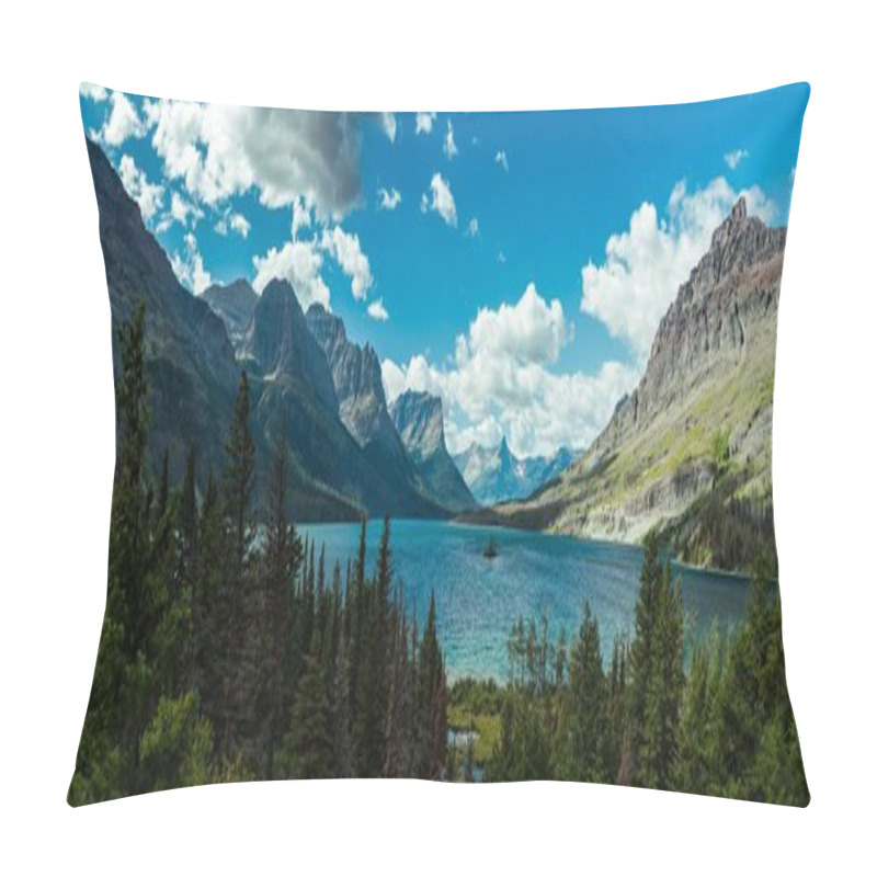 Personality  Wide Shot Of A Lake Surrounded By Mountains And Trees Under A Blue Sky Pillow Covers