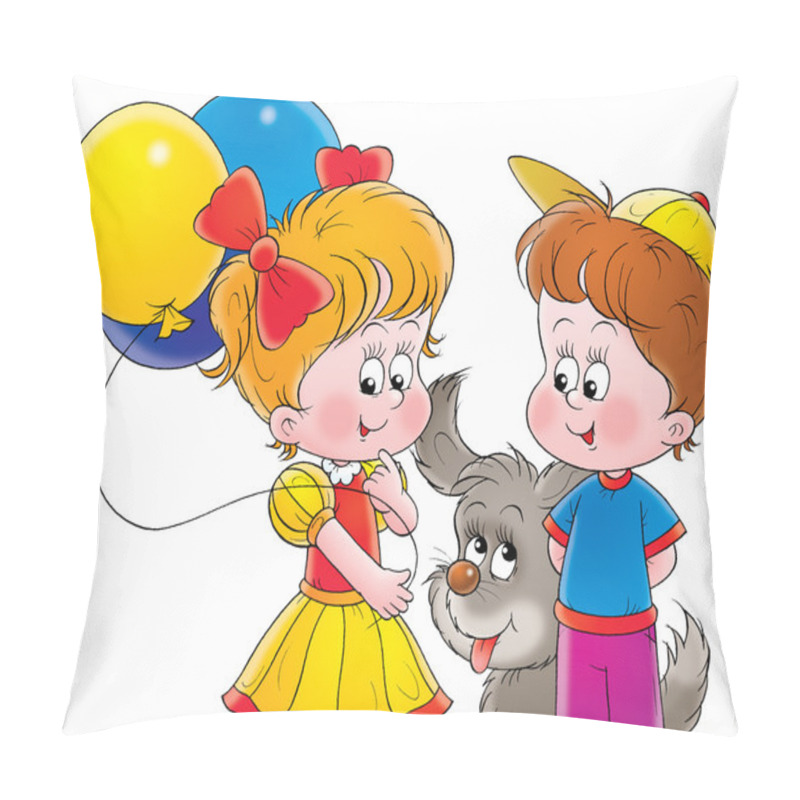 Personality  Puppy Playing With A Boy And Girl With Balloons Pillow Covers