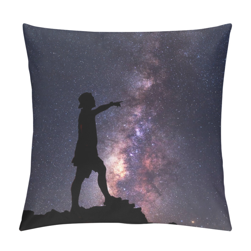 Personality  Star-catcher. A Person Is Standing Next To The Milky Way Galaxy  Pillow Covers