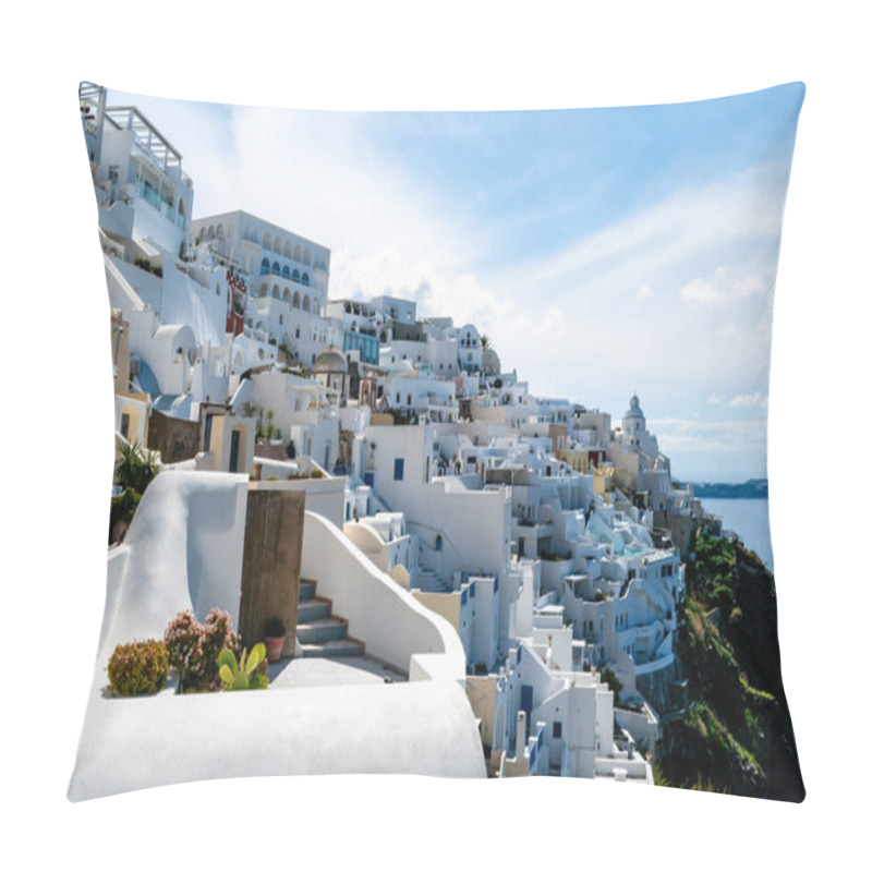 Personality  SANTORINI, GREECE - APRIL 10, 2020: White Houses Near Tranquil Aegean Sea Against Sky With Clouds Pillow Covers