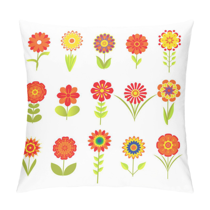 Personality  Various Stylized Flowers With Different Leaves In 70s Style Isolated On White. Vector Illustration. Blooming Colored Icon Set, Floral Design Elements. Pillow Covers