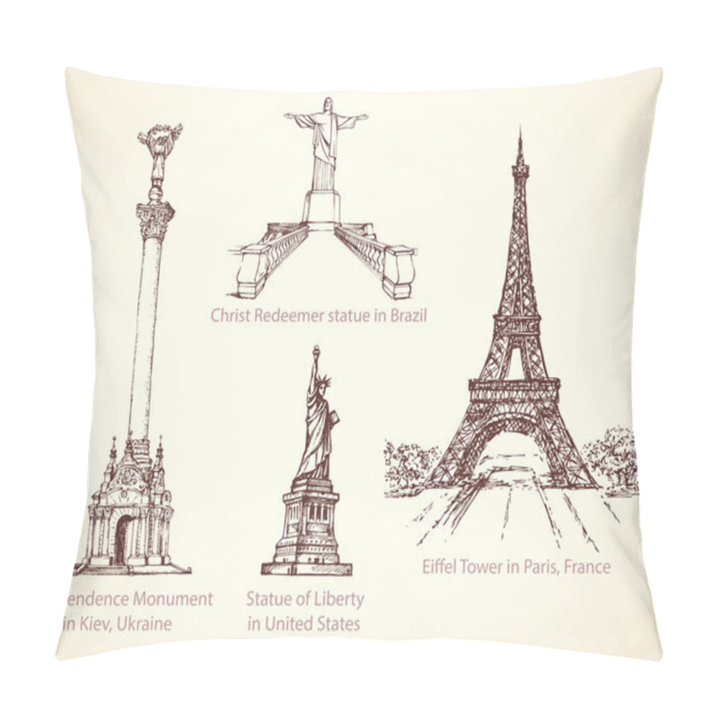 Personality  World Famous Historical Monuments. Vector Sketch Pillow Covers