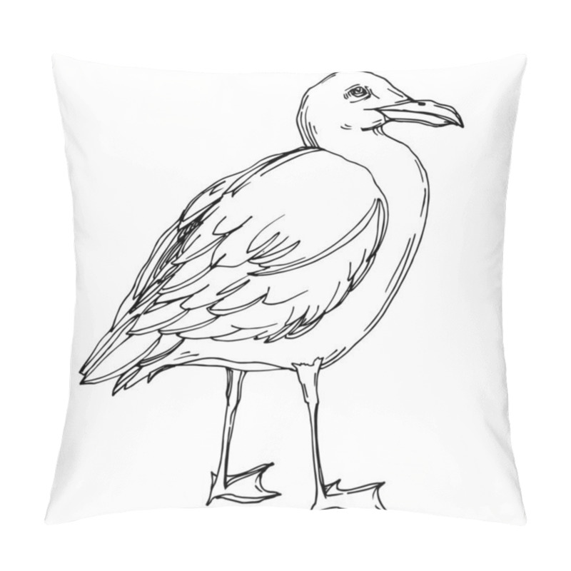 Personality  Vector Sky Bird Seagull In A Wildlife Isolated. Black And White Engraved Ink Art. Isolated Seagull Illustration Element. Pillow Covers