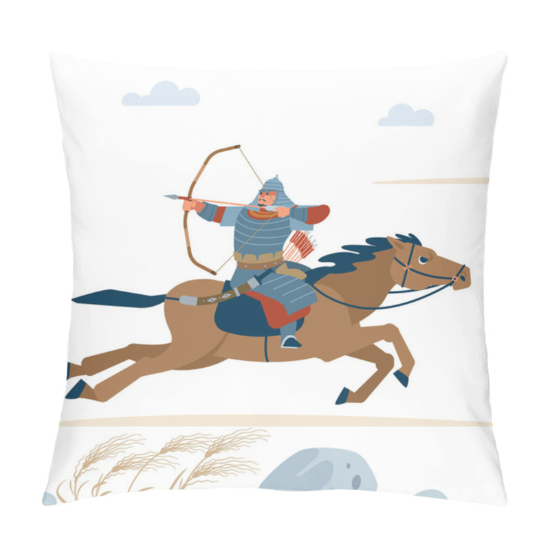 Personality  Central Asian Warrior With Bow, Riding Horse, Isolated Vector Flat Illustration. Pillow Covers