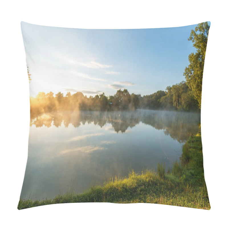 Personality  Morning Fog On The Forest Lake, Sunrise Shot. Pillow Covers