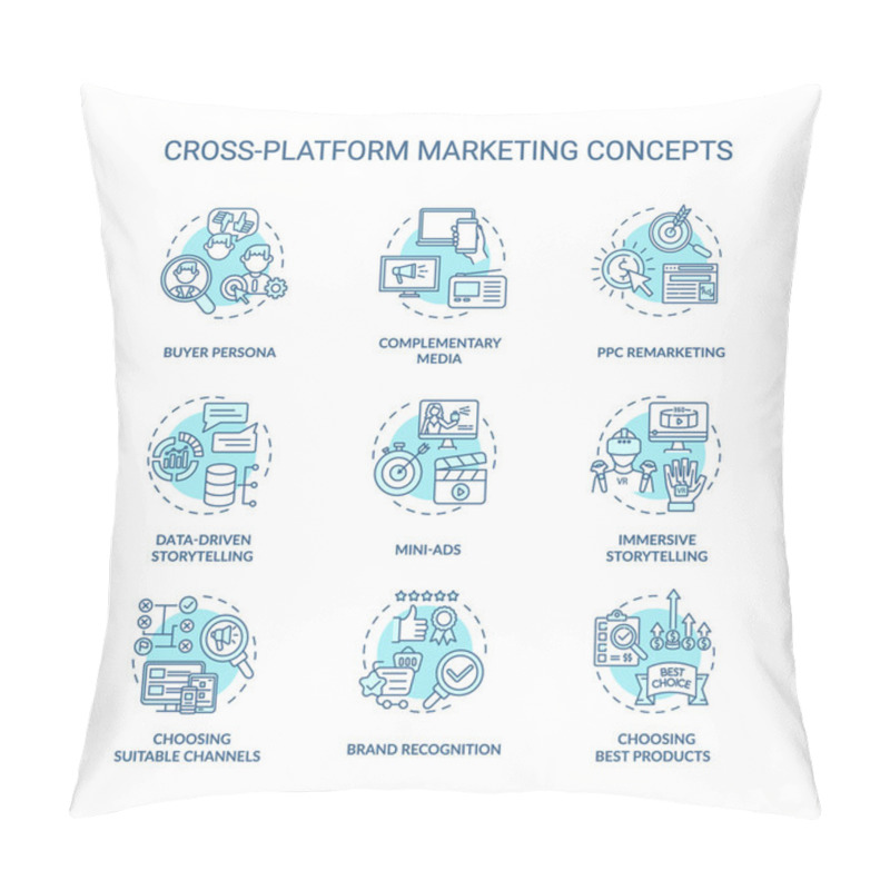 Personality  Cross-platform Marketing Concept Icons Set. Brand Awareness. Advertising Idea Thin Line RGB Color Illustrations. Storytelling In Online Content. Vector Isolated Outline Drawings. Editable Strok Pillow Covers