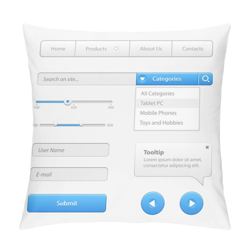 Personality  Blue Light User Interface Controls. Web Elements. Website, Software UI: Buttons, Switchers, Drop-down, Navigation Bar, Menu, Check Box, Radio, Scroller, Progress Bar, Volume, Tag, Player, Play Pillow Covers