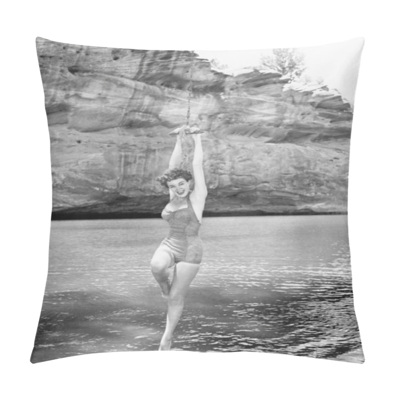 Personality  Woman Hanging From Rope Swing Over Water Pillow Covers