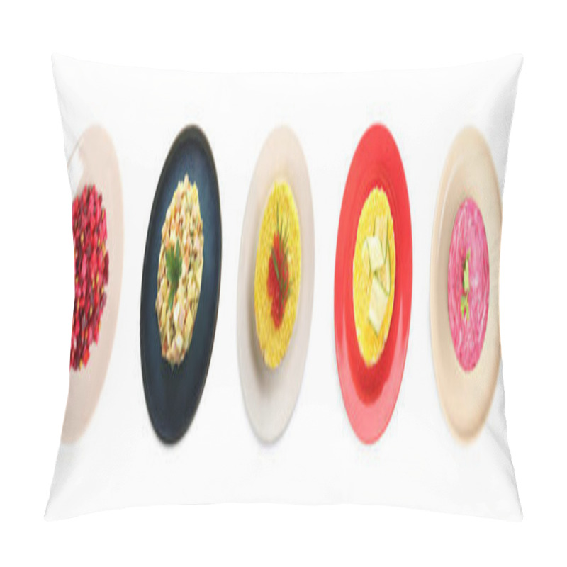 Personality  Set Of Traditional Russian Salads On White Background, Top View. Banner Design Pillow Covers