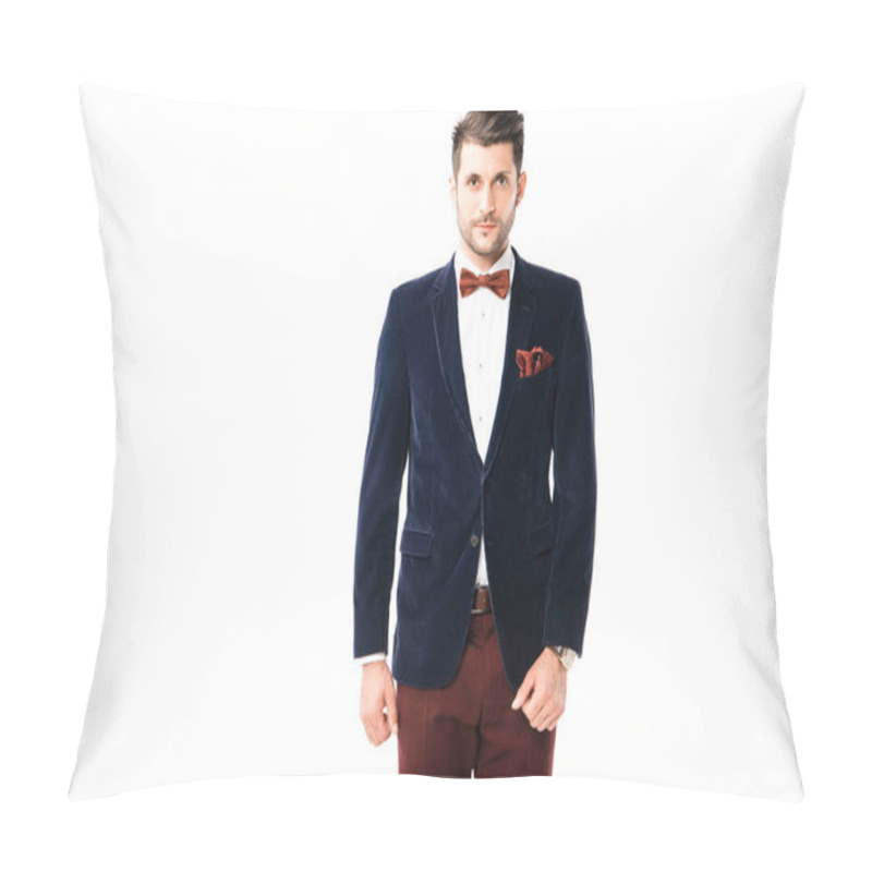 Personality  Handsome Man In Blue Velveteen Jacket Looking At Camera Isolated On White Pillow Covers