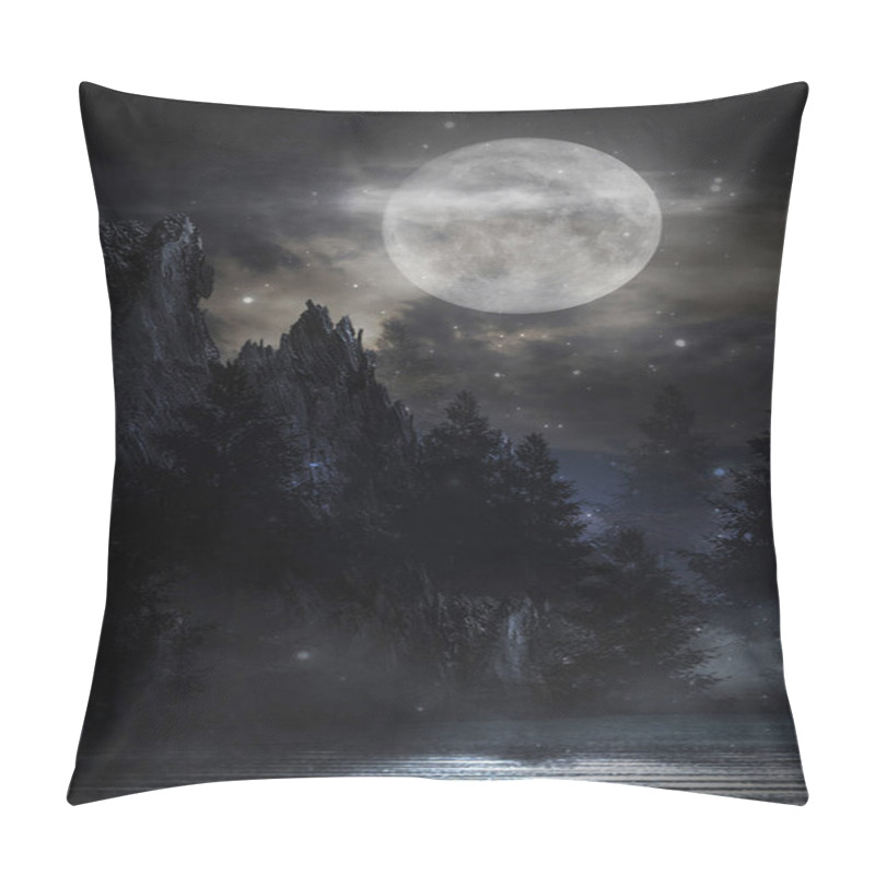 Personality  Futuristic Night Landscape With Abstract Forest Landscape. Dark Natural Forest Scene With Reflection Of Moonlight In The Water, Neon Blue Light. Dark Neon Circle Background, Dark Forest, Deer, Island. Pillow Covers