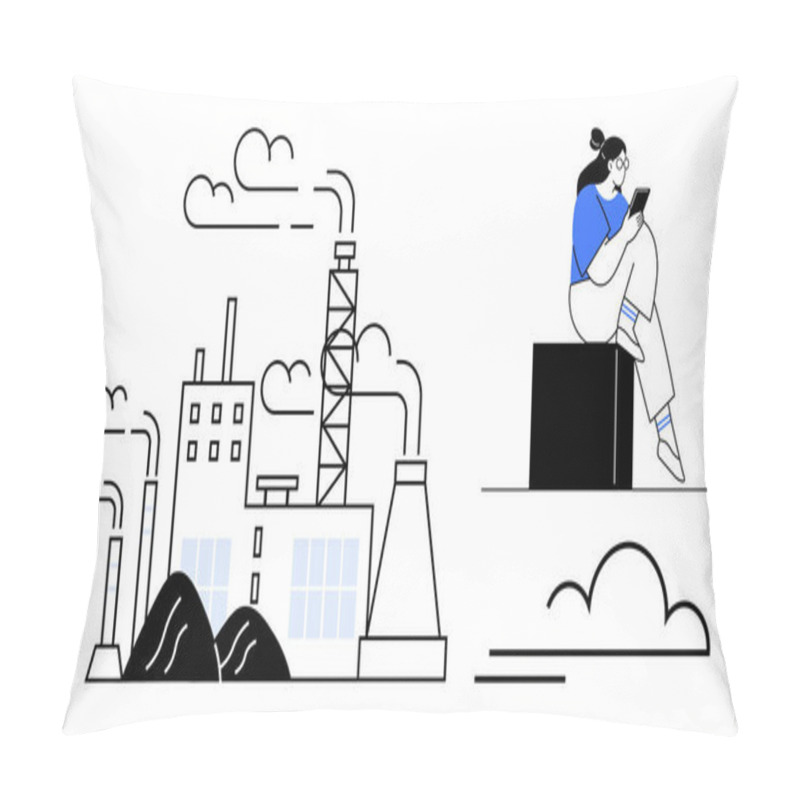 Personality  Factory Buildings With Chimneys Emitting Smoke, Woman In Blue Top Sitting On Large Block Using Mobile Phone. Ideal For Environment, Technology, Industrial Impact, Pollution, Modern Life, Contrast Pillow Covers