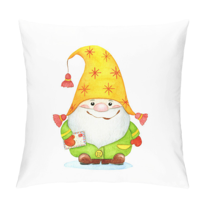 Personality  Cute Christmas Gnome (dwarf) With A Letter In A Yellow Hat. Cartoon Watercolor Painting Illustration, Isolated On A White Background. Hand Draw Illustration. Pillow Covers