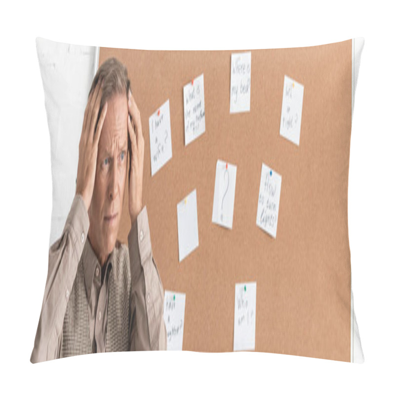 Personality  Panoramic Shot Of Retired Man With Alzheimer Disease Touching Head And Standing Near Board With Papers And Letters  Pillow Covers