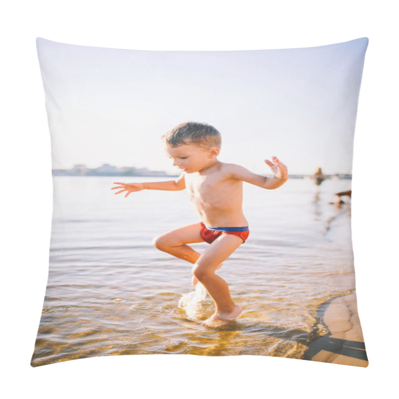 Personality  Theme Summer Outdoor Activities Near The River On The City Beach In Kiev Ukraine. Little Funny Baby Boy Running Along The River Bank, Jumping A Splash Of Water Sandy Beach Summer Time Pillow Covers