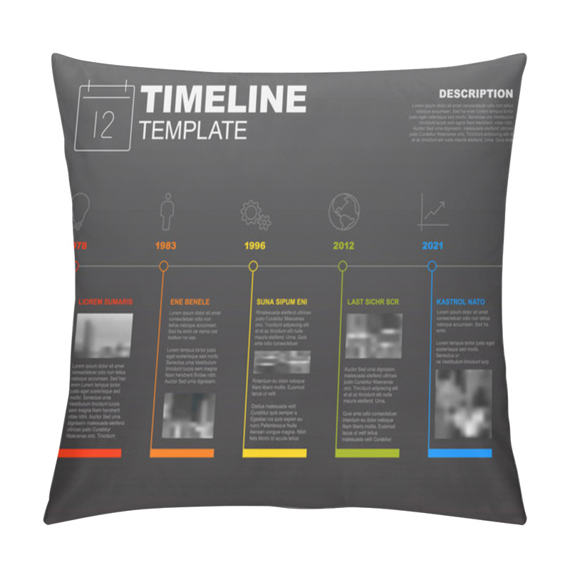 Personality  Simple Vector Infographic Timeline Report Template With The Biggest Milestones, Icons, Photos, Years - Dark Version Pillow Covers