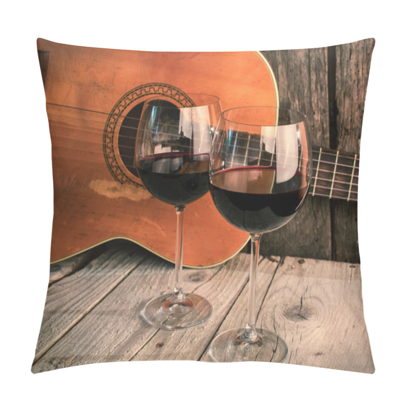 Personality  Guitar And Wine On A Wooden Table Romantic Dinner Background Pillow Covers