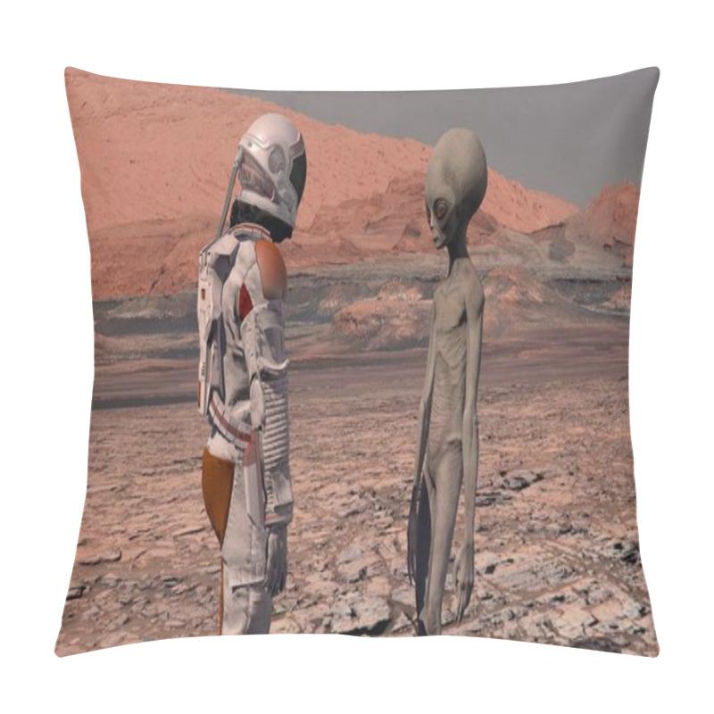 Personality  Astronaut Meets A Martian On Mars. First Contact. Alien On Mars. Exploring Mission To Mars. Colonization And Space Exploration Concept. 3d Rendering. Elements Of This Video Furnished By NASA. Pillow Covers