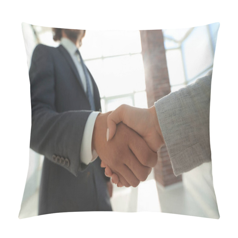 Personality  Excited Smiling Businessman Handshaking Partner At Meeting, Pillow Covers