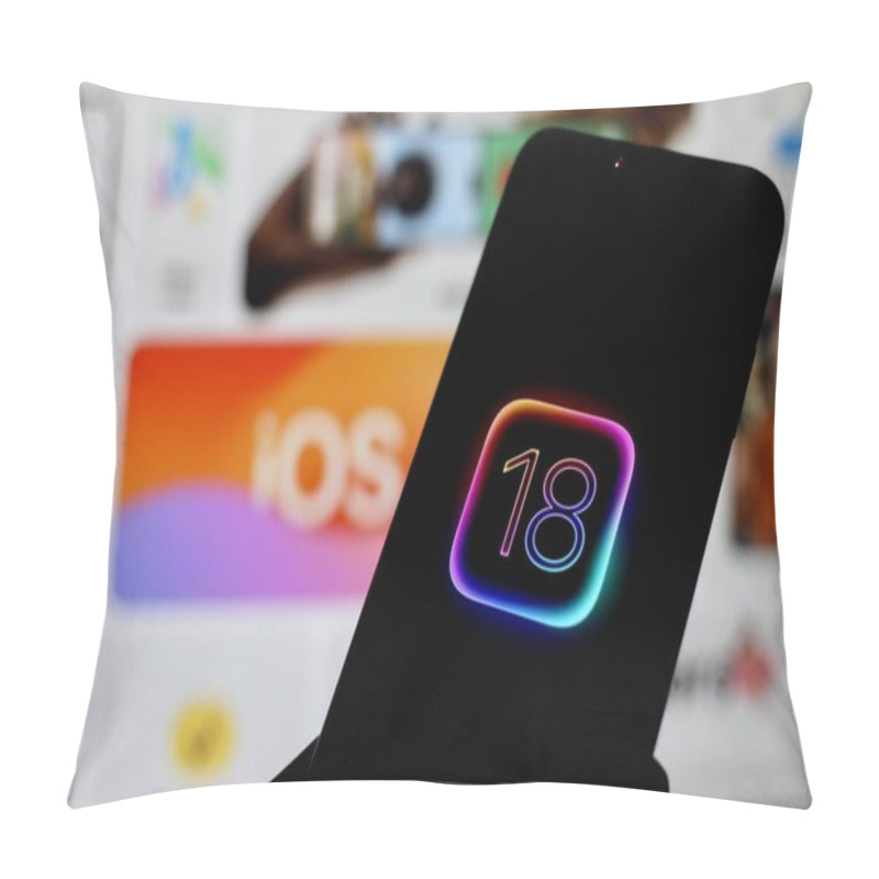 Personality  Display Of The IOS 18 Logo Is Displayed On The Apple Smartphone Screen. Indonesia -April 6th 2024. Pillow Covers