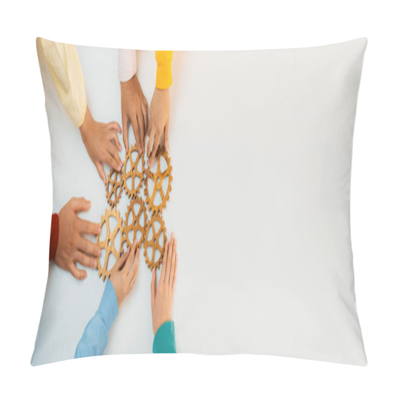 Personality  Startup Company Employee Joining Cogwheel Gear Together Symbolize Function Productive System And Synergy Teamwork With Young People Start Company With Creative And Collaboration. Panorama Synergic Pillow Covers