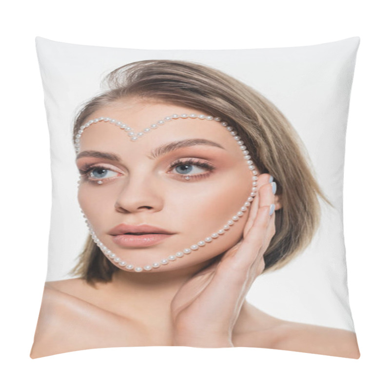 Personality  Young Woman With Creative Heart Shape Beads On Face Isolated On White  Pillow Covers